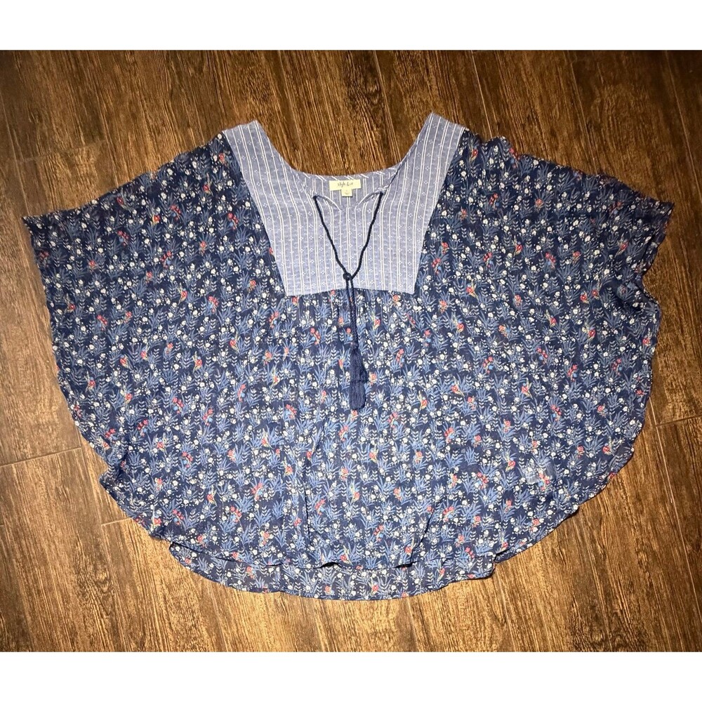 Style & Co Boho Floral Batwing Peasant Top with Tassel Tie - L